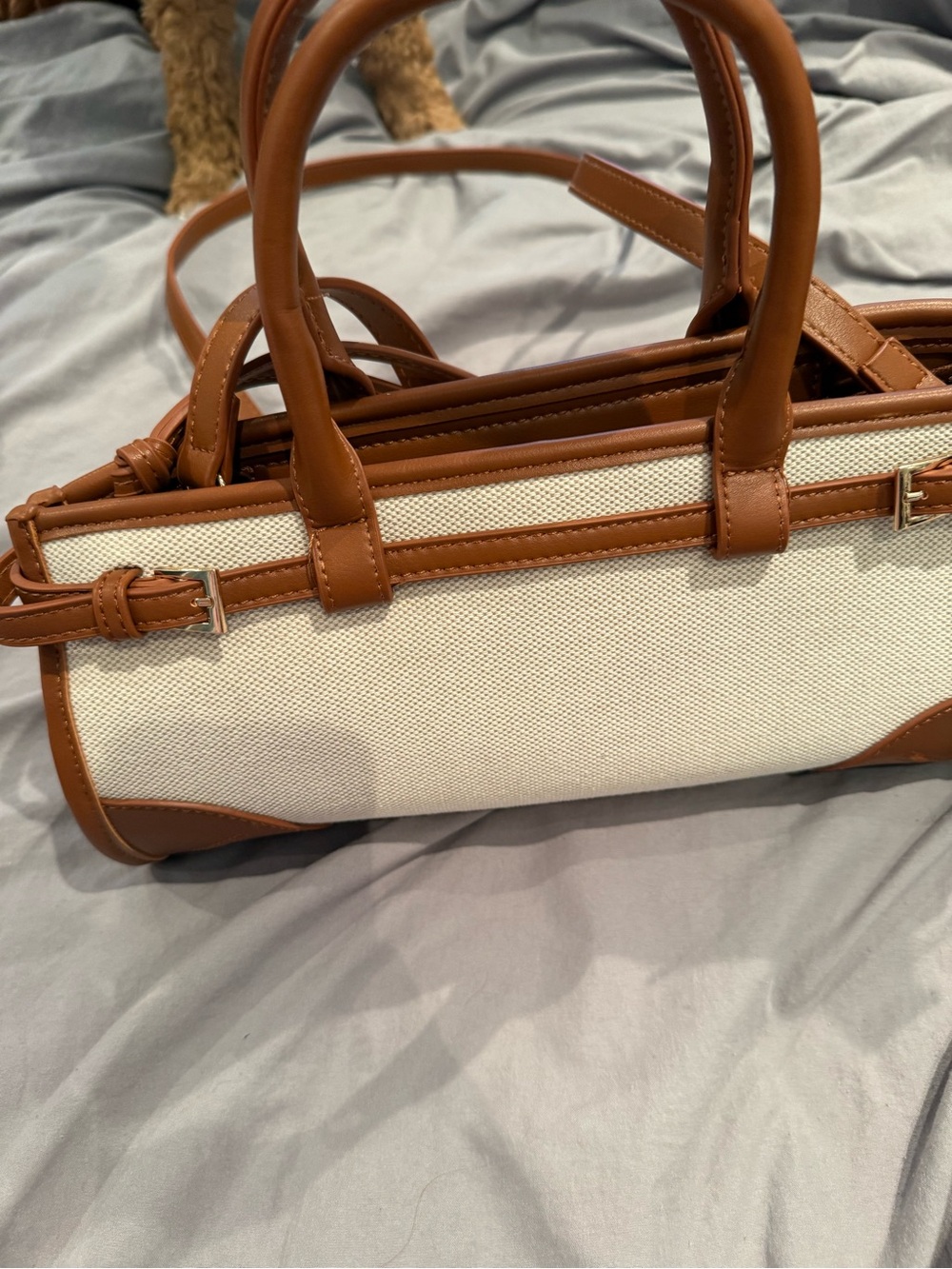 Canvas and Brown Leather Trim Satchel Handbag